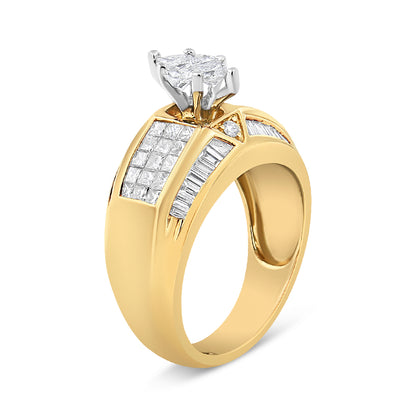 Two-toned ring with a raised cluster of white princess-shaped gemstones at the center, flanked by rows of white baguette-shaped gemstones set in channels and two round-shaped gemstones in pave and prong settings on the band, shown at a three-quarter angle.