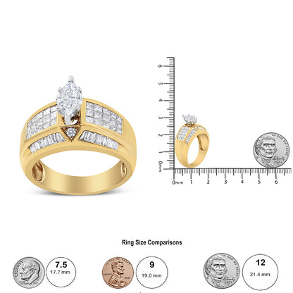 Two-toned ring with white gemstones in various shapes and settings, shown from front and side angles on a ruler for size reference.