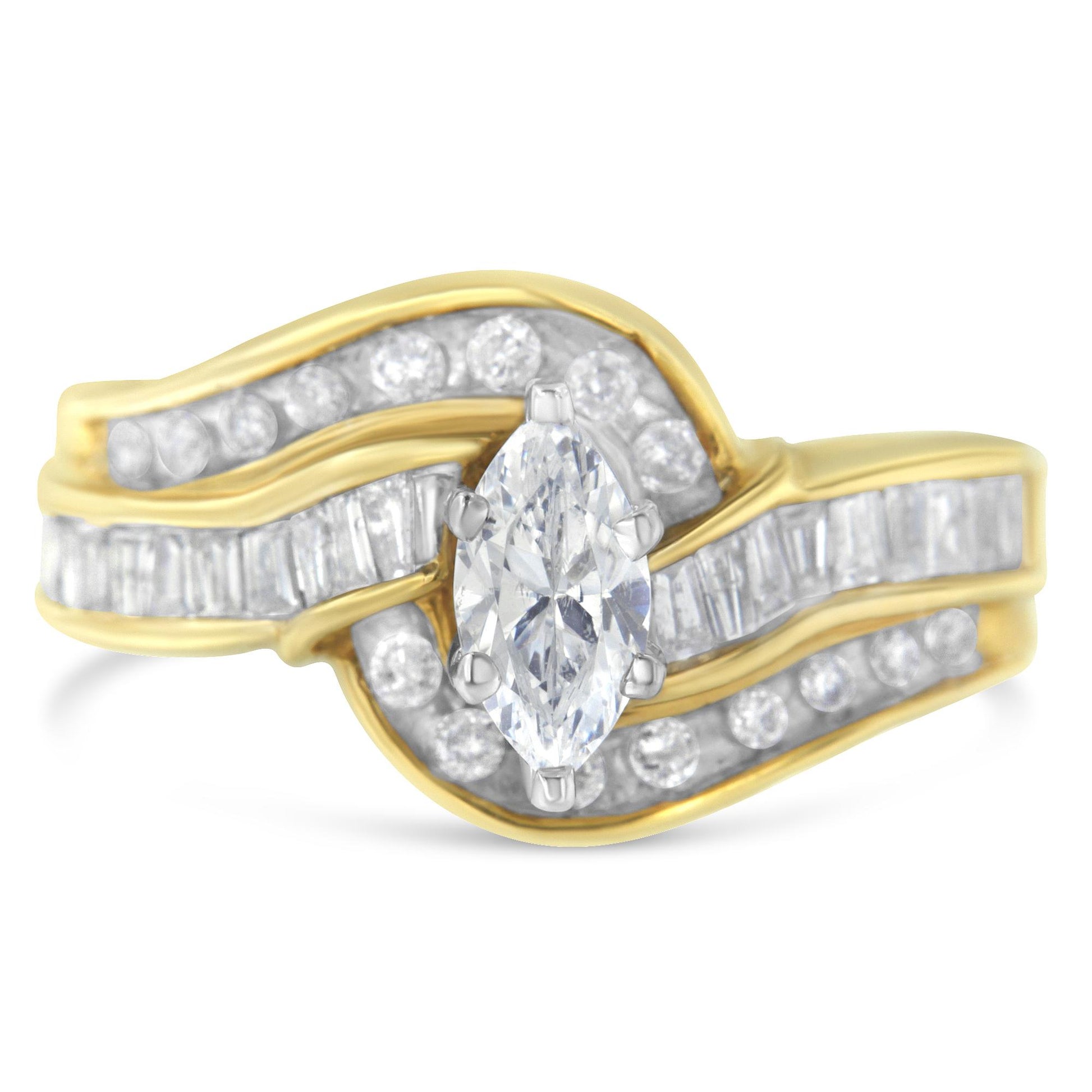 Two-toned ring with a marquise-shaped white gemstone in a prong setting at center, surrounded by curved rows of channel-set white baguette and round gemstones, front angle view.