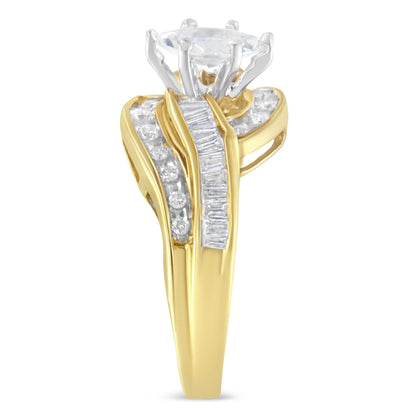 Close-up front angle of a two-tone ring with a marquise-shaped white gemstone in a prong setting at the center, flanked by white baguette and round gemstones in channel settings on a yellow band.