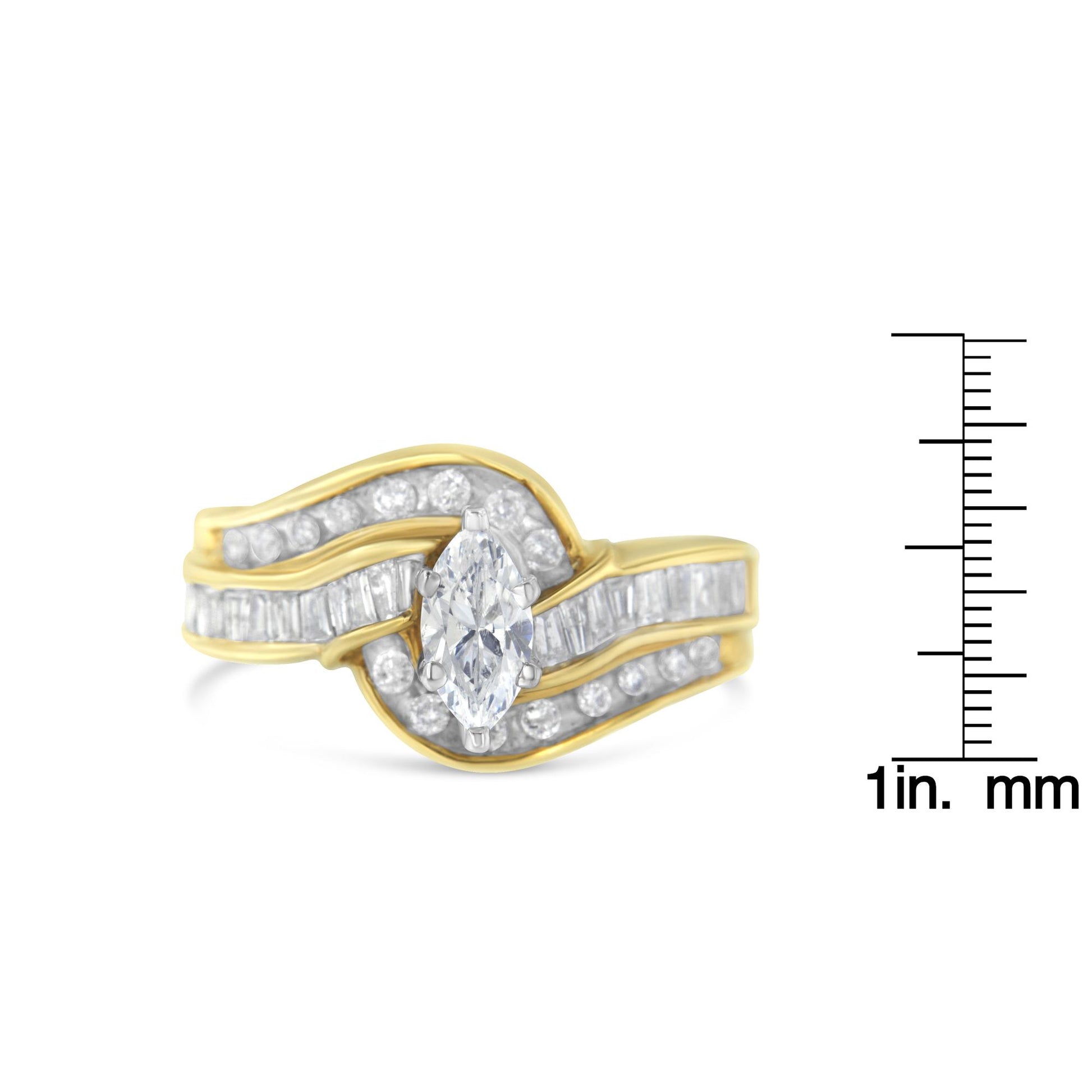 Two-toned ring with a central marquise-shaped white gemstone in a prong setting, surrounded by rows of channel-set baguette and round white gemstones, photographed from a front angle with a ruler beside it for size reference.