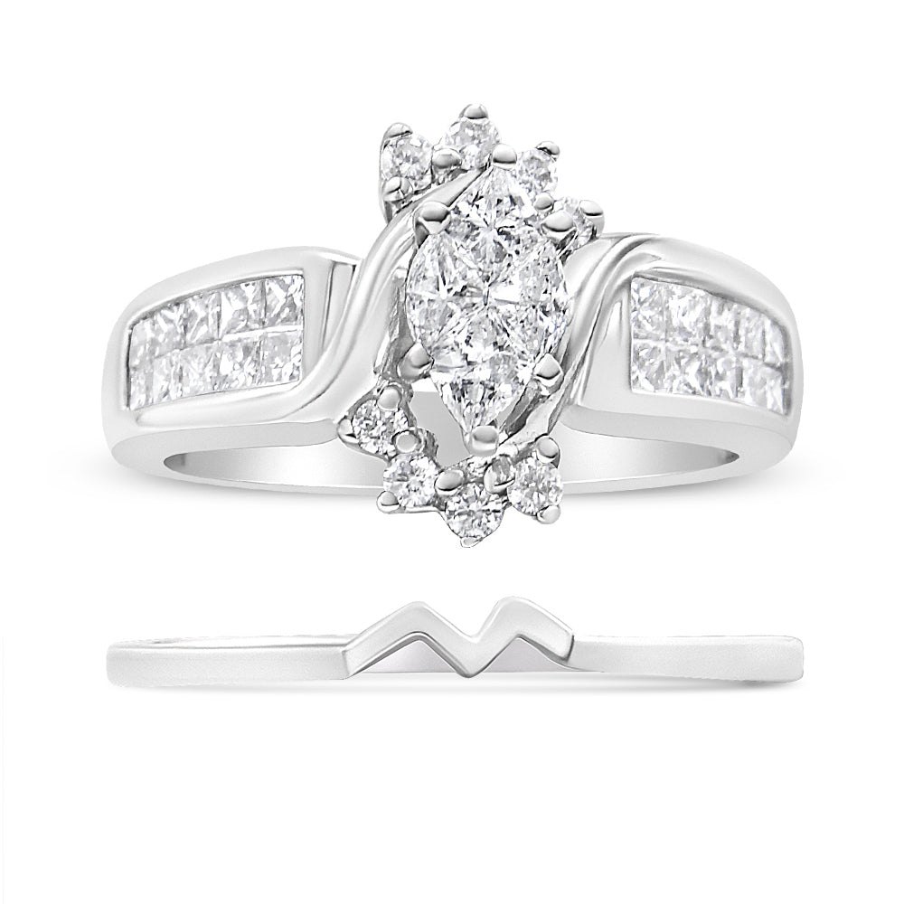 Front and side view of white metal ring set; main ring features a cluster of prong-set pie and round shaped white gemstones with princess-shaped invisible set white gemstones on the band; accompanying band has a zigzag design.