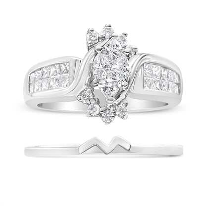 Front and side view of white metal ring set; main ring features a cluster of prong-set pie and round shaped white gemstones with princess-shaped invisible set white gemstones on the band; accompanying band has a zigzag design.