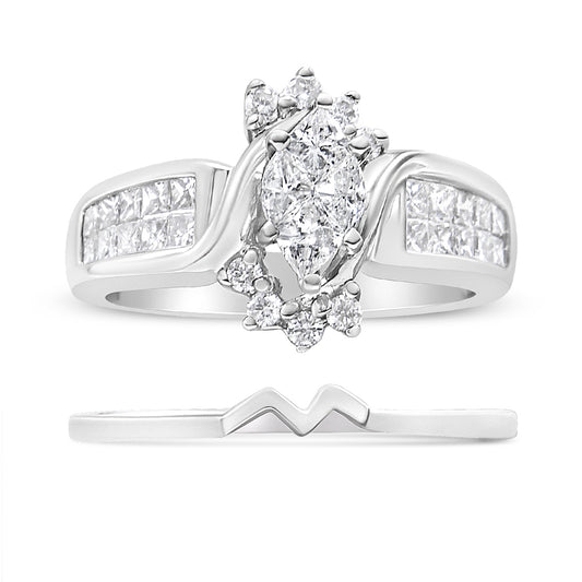 Front and side view of white metal ring set; main ring features a cluster of prong-set pie and round shaped white gemstones with princess-shaped invisible set white gemstones on the band; accompanying band has a zigzag design.