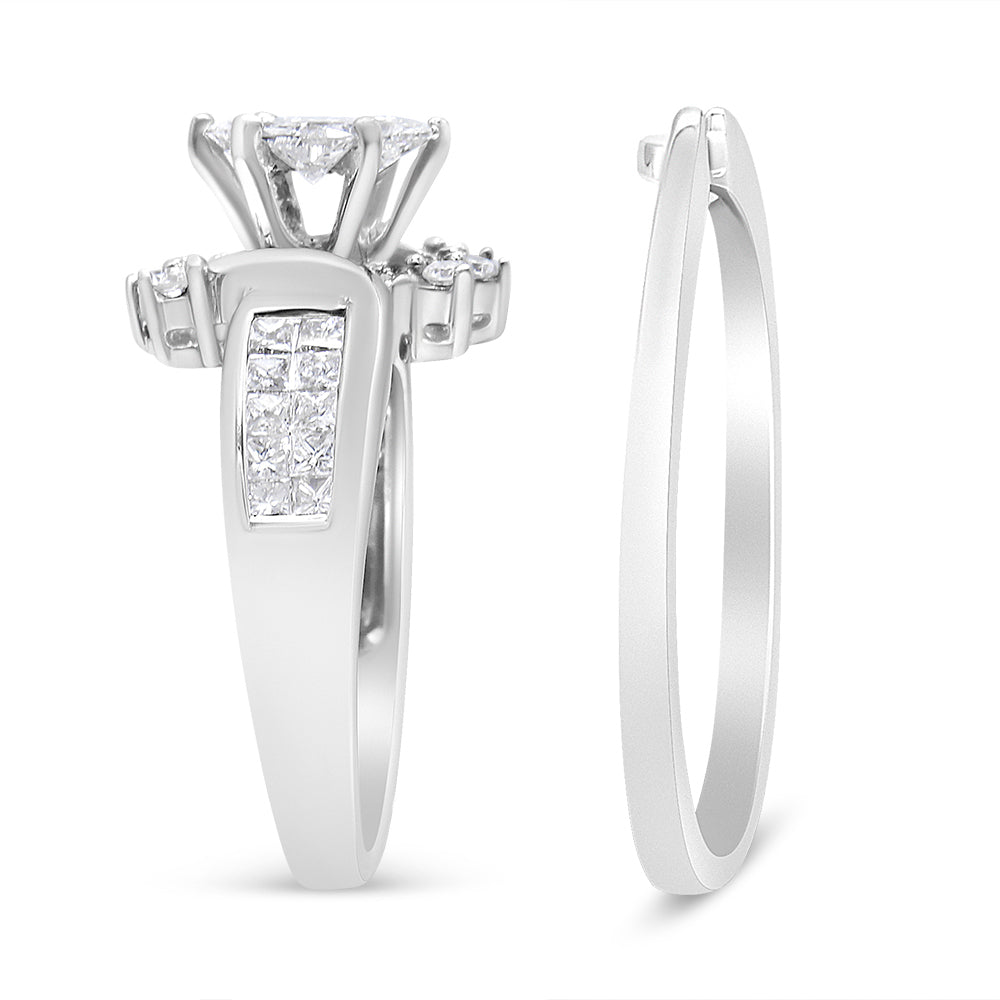Front and side view of a white metal ring with prong-set pie-shaped white gemstones on top, invisible-set princess-shaped white gemstones on the band, and prong-set round white gemstones on the sides.