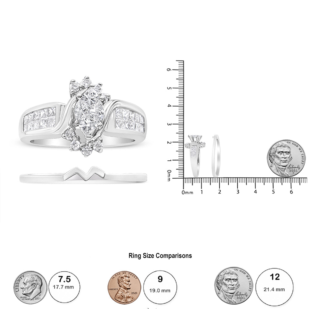 White metal ring with a marquise cluster of white round prong-set gemstones in the center, flanked by square invisible-set white gemstones on the band. Accompanied by a plain white metal band with zigzag design. Shown from the front and side on a scale with coins for size reference.