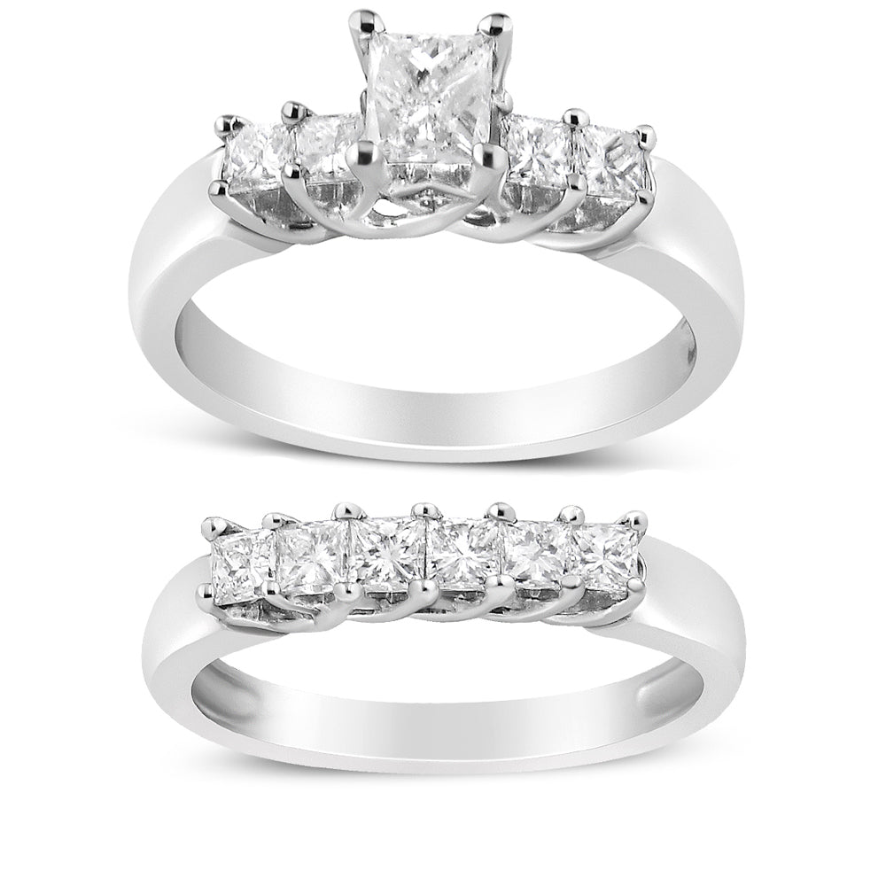 Two white metal rings shown from an angled front view, each featuring multiple princess-shaped white gemstones in prong settings; one ring has a larger center gemstone flanked by smaller gemstones, the other ring has a row of similarly sized gemstones.