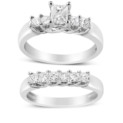 Two white metal rings shown from an angled front view, each featuring multiple princess-shaped white gemstones in prong settings; one ring has a larger center gemstone flanked by smaller gemstones, the other ring has a row of similarly sized gemstones.