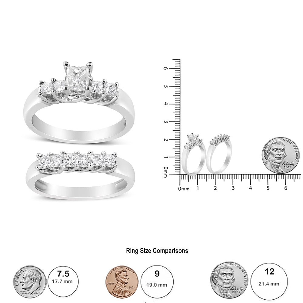 Two white metal rings with princess shape white gemstones in prong settings; one ring has a larger central gemstone flanked by smaller ones, the other ring features a row of evenly sized gemstones. Rings shown from front and side angles next to a ruler and coins for size reference.