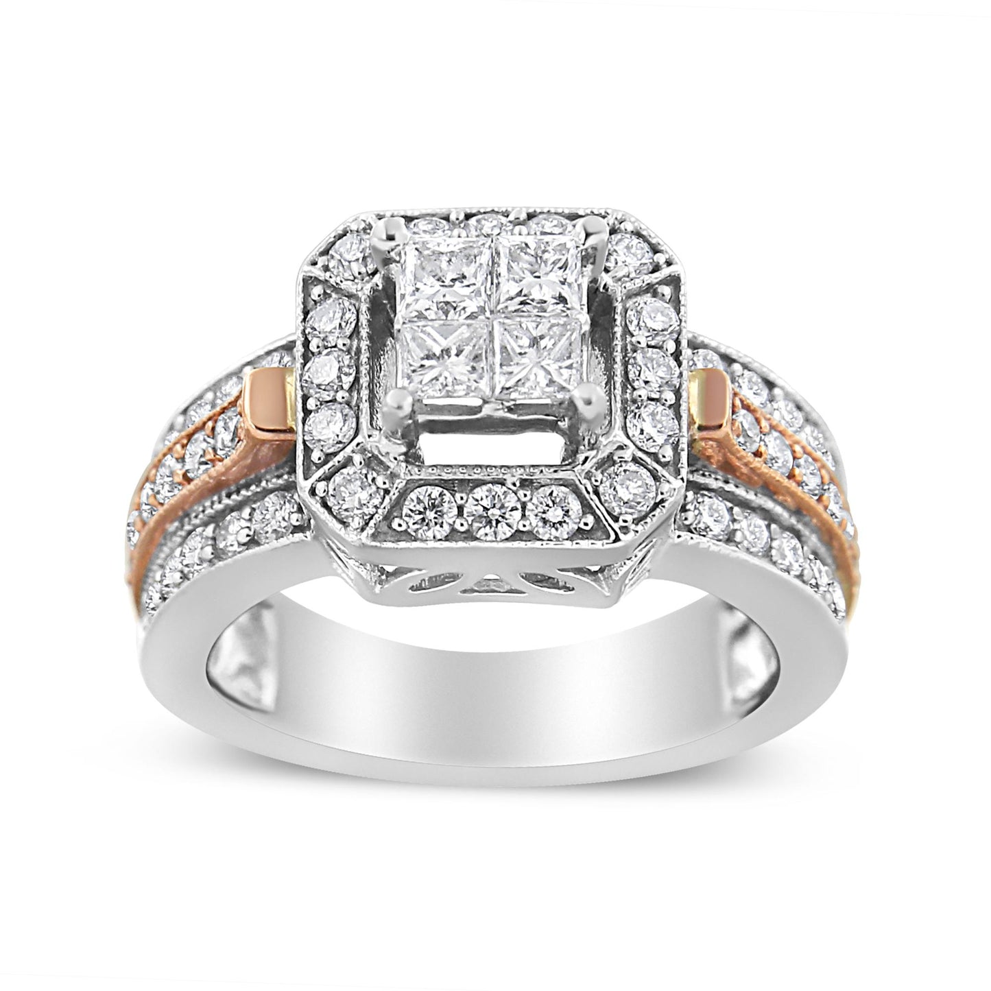 Front angle view of a white and rose metal ring featuring four princess-shaped white gemstones in prong settings at the center, surrounded by an octagonal halo of round white gemstones in pave settings, with additional round white gemstones decorating the band.