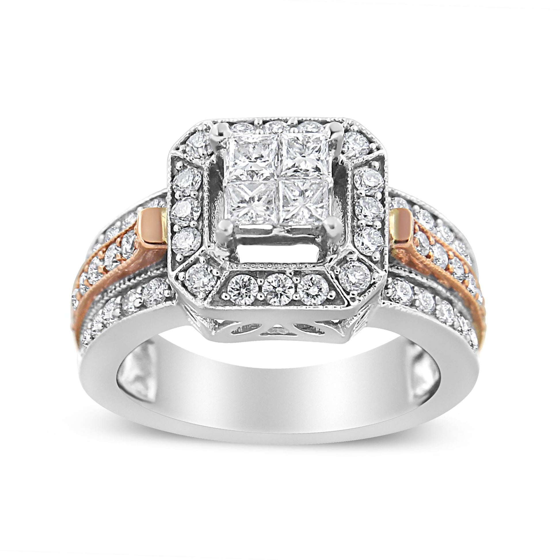 Front angle view of a white and rose metal ring featuring four princess-shaped white gemstones in prong settings at the center, surrounded by an octagonal halo of round white gemstones in pave settings, with additional round white gemstones decorating the band.
