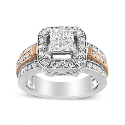 Front angle view of a white and rose metal ring featuring four princess-shaped white gemstones in prong settings at the center, surrounded by an octagonal halo of round white gemstones in pave settings, with additional round white gemstones decorating the band.