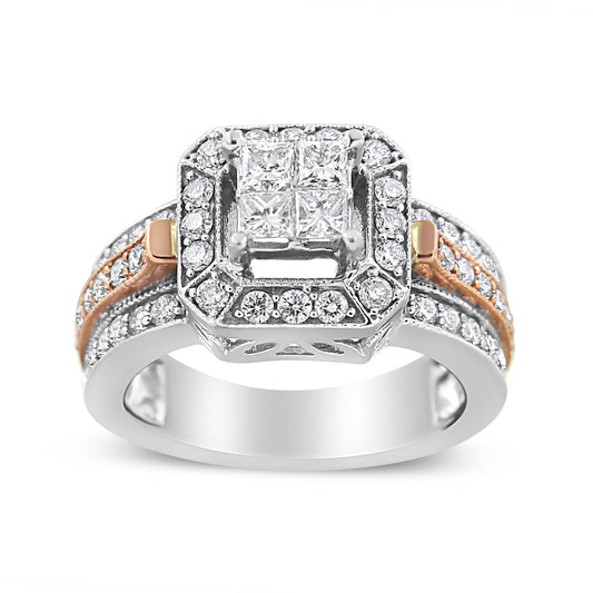 Front angle view of a white and rose metal ring featuring four princess-shaped white gemstones in prong settings at the center, surrounded by an octagonal halo of round white gemstones in pave settings, with additional round white gemstones decorating the band.