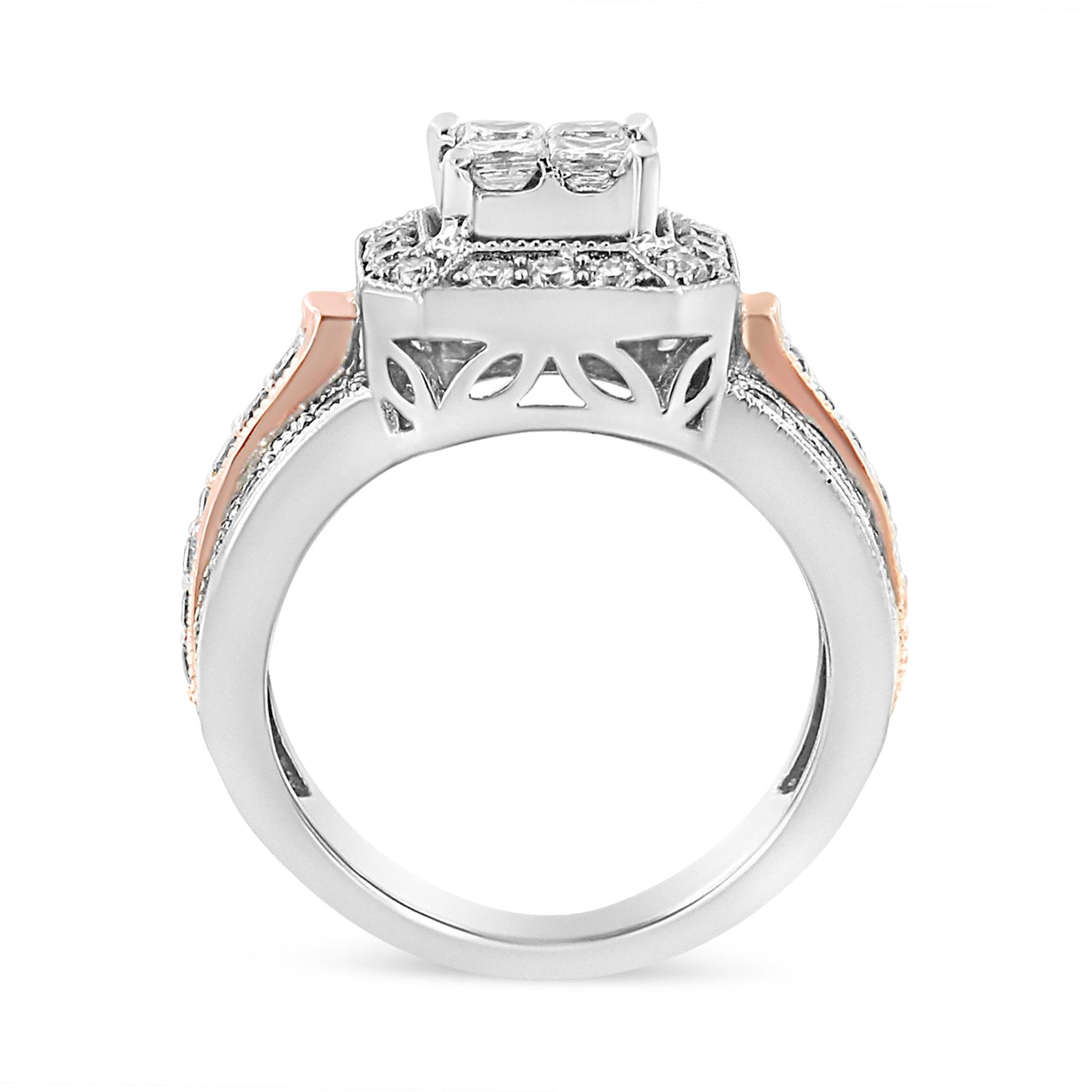 Side view of a white and rose metal ring with round pave set white gemstones and princess prong set white gemstones on top.