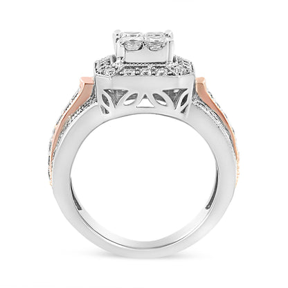 Side view of a white and rose metal ring with round pave set white gemstones and princess prong set white gemstones on top.