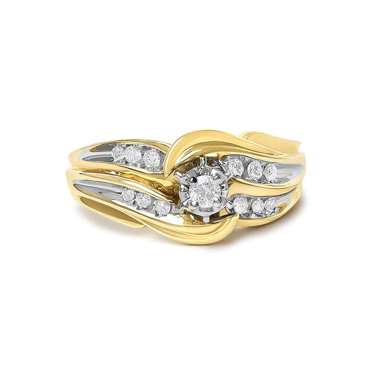 14K Yellow Gold 1/4 Cttw Round Diamond Wave Motif Bypass Ring