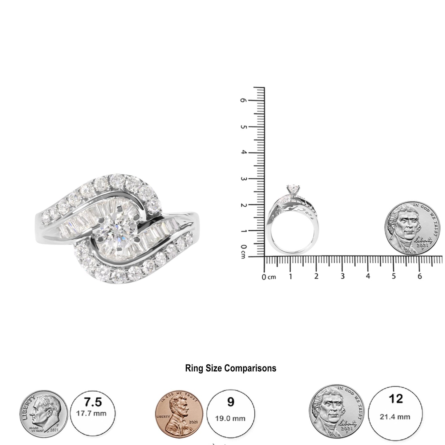 White metal ring with a round white gemstone in prong setting at the center, flanked by baguette-shaped white gemstones in channel setting and surrounded by small round white gemstones, shown from a top-down and side profile angle on a ruler for size reference.