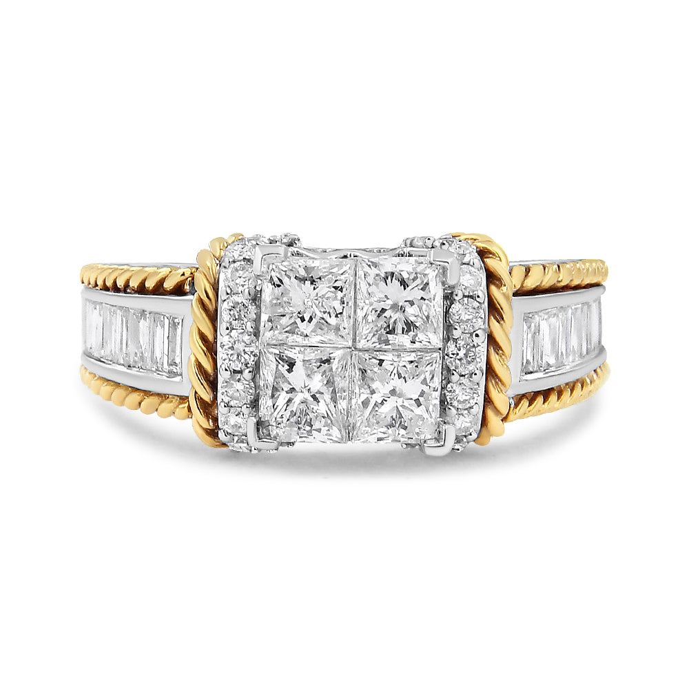 Front view of a dual-tone ring featuring square-shaped white gemstones set invisibly in the center, surrounded by round white gemstones in prong settings, with channel-set baguette white gemstones along the band edges bordered by twisted yellow metal accents.