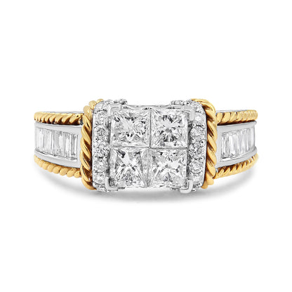 Front view of a dual-tone ring featuring square-shaped white gemstones set invisibly in the center, surrounded by round white gemstones in prong settings, with channel-set baguette white gemstones along the band edges bordered by twisted yellow metal accents.