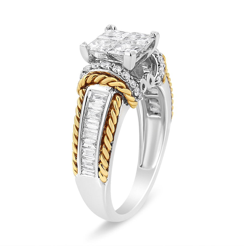 Ring with a square cluster of white gemstones set in white metal, accented with round white gemstones and yellow twisted metal details, with baguette white gemstones channel-set on the band, angled view.