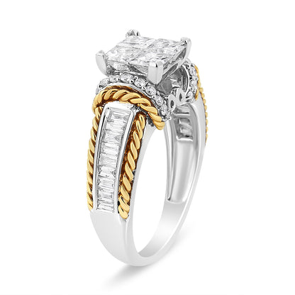 Ring with a square cluster of white gemstones set in white metal, accented with round white gemstones and yellow twisted metal details, with baguette white gemstones channel-set on the band, angled view.