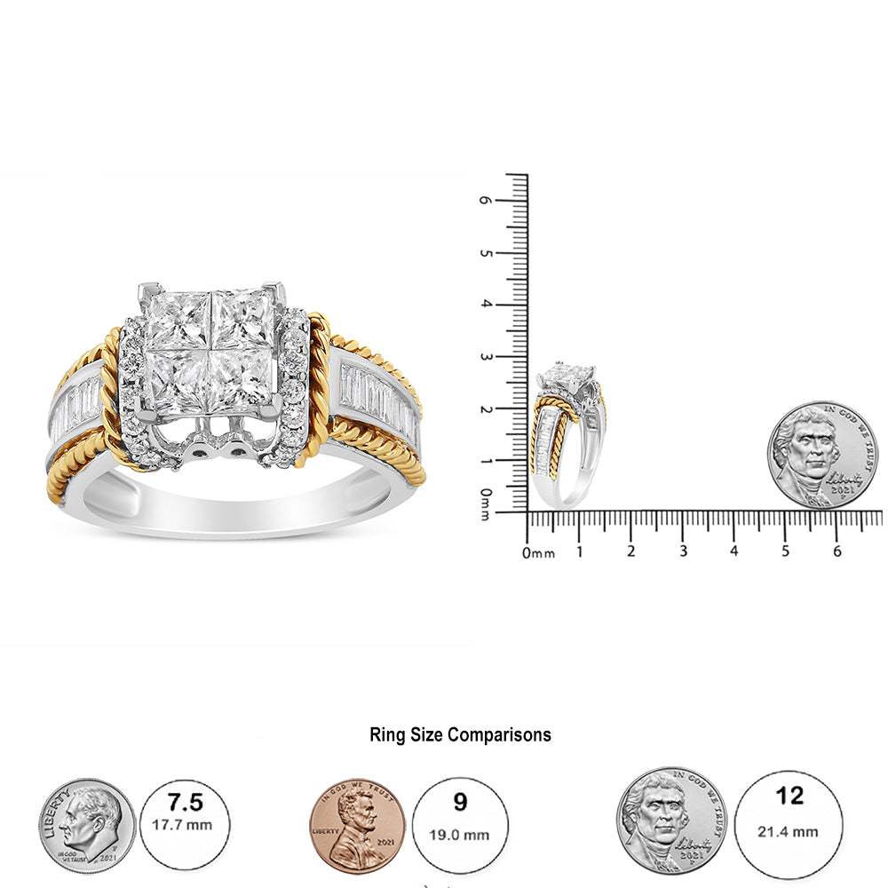 Front and side views of a two-tone ring with round, princess, and baguette-shaped white gemstones, shown on a scale with coins for size reference.