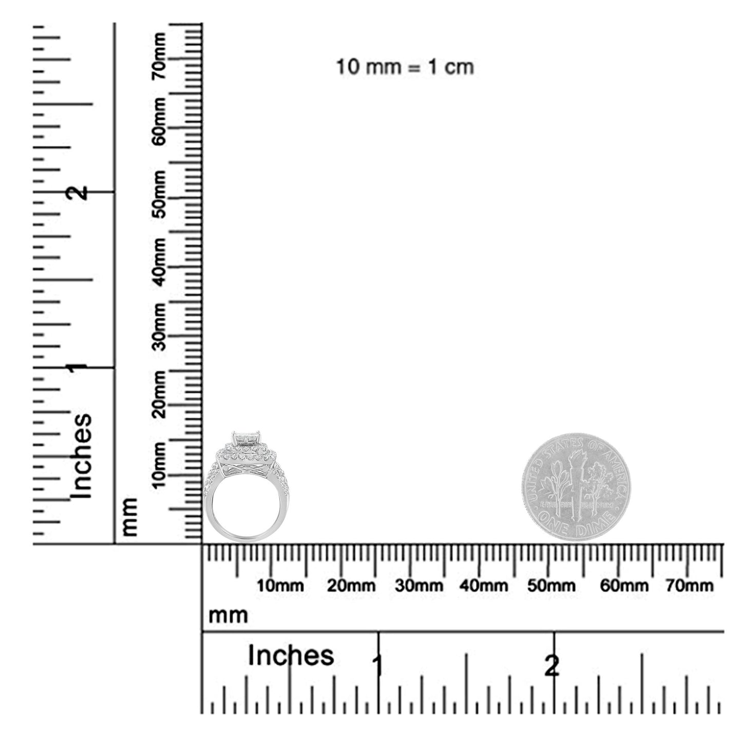 White metal ring with princess and round white gemstones, shown from side angle on a scale for size reference.