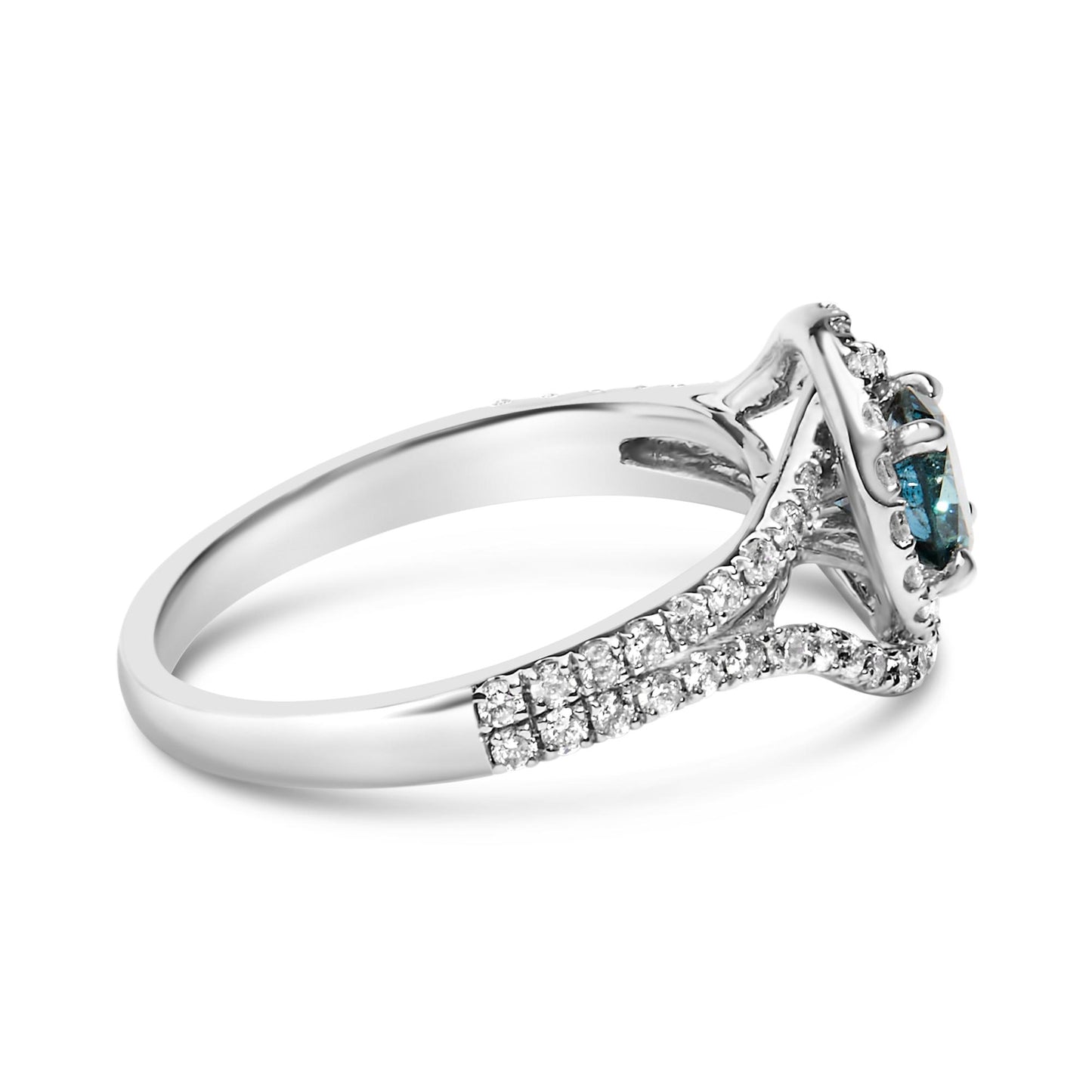 Side angle view of a white metal ring featuring a prong-set round blue gemstone center, surrounded and accented by multiple smaller prong-set round white gemstones along the band.