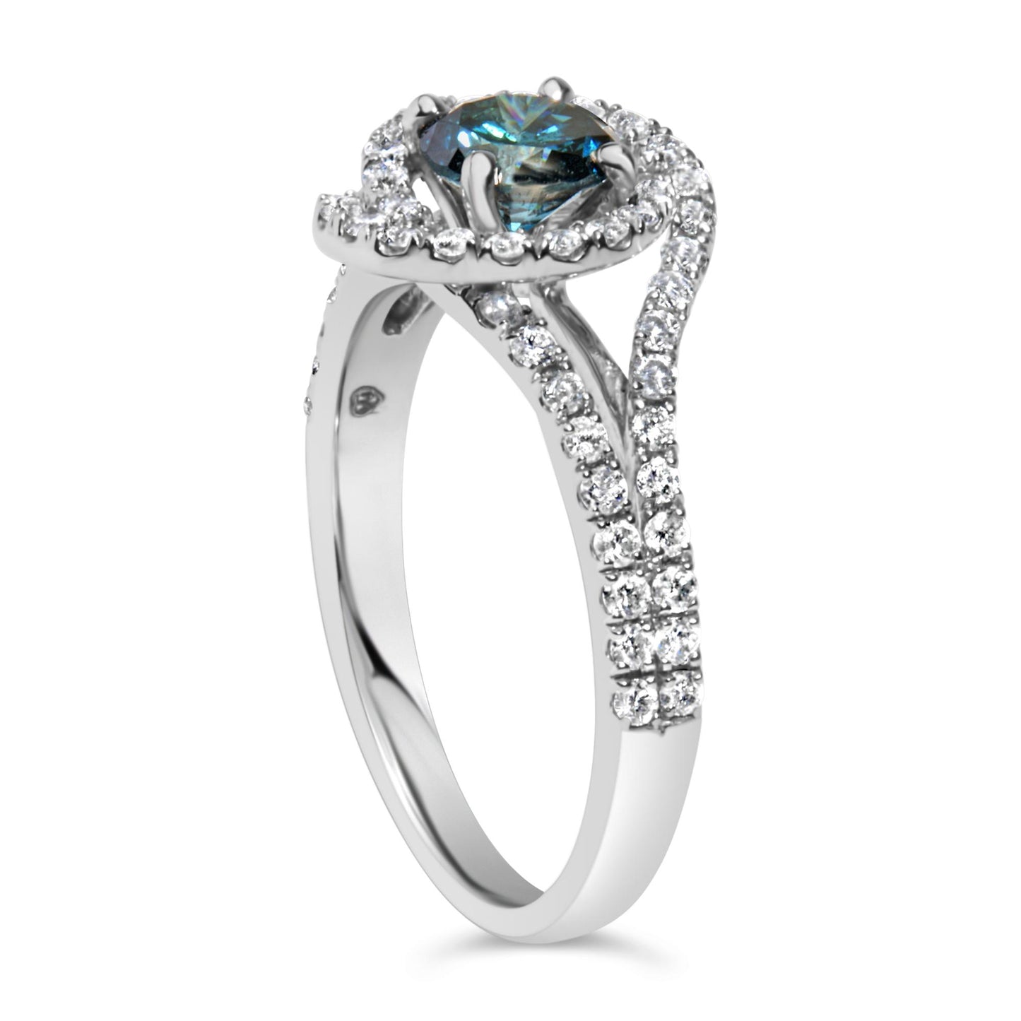 White metal ring shown at a slight angle featuring a round blue gemstone in a prong setting surrounded and accented by multiple round white gemstones in prong settings.