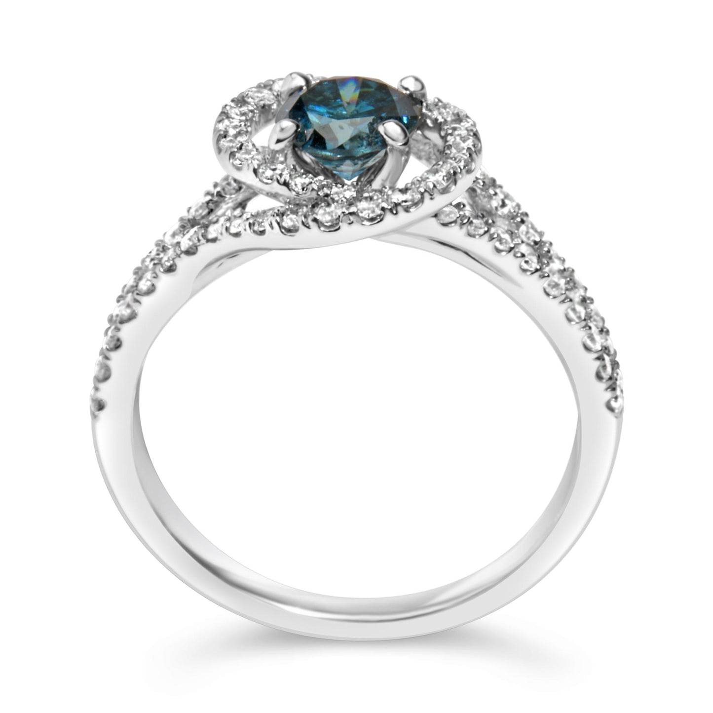 White metal ring with a round blue gemstone in prong setting at the center, surrounded by a swirl of white gemstones along the band, shown in a front close-up angle.