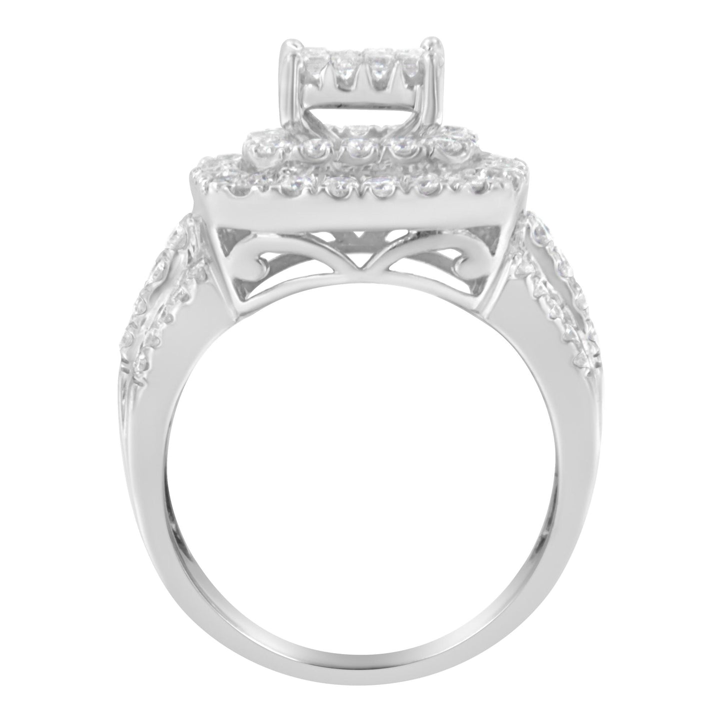 Front angle view of a white metal ring with multiple prong-set white round and princess-shaped gemstones on the band and elevated setting.