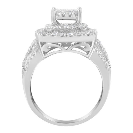 Front angle view of a white metal ring with multiple prong-set white round and princess-shaped gemstones on the band and elevated setting.