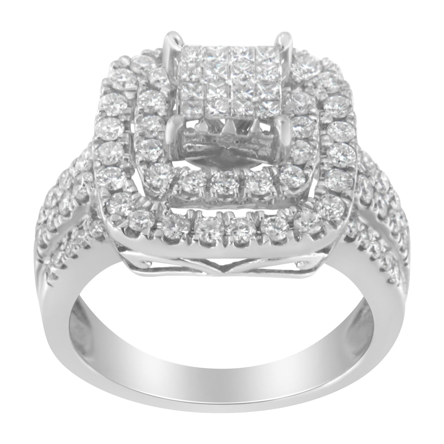 Front-angle view of a white metal ring featuring multiple rows of small round and princess-shaped white gemstones in prong settings forming a layered square design on the top.