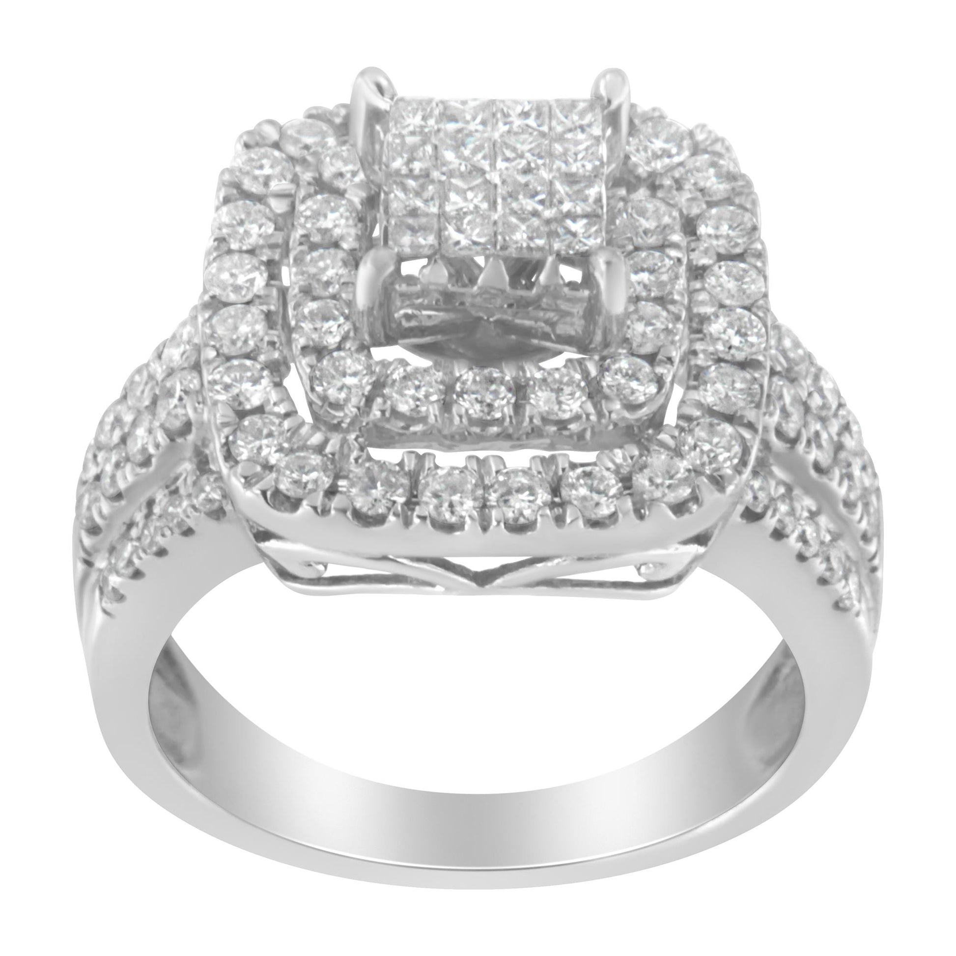 Front-angle view of a white metal ring featuring multiple rows of small round and princess-shaped white gemstones in prong settings forming a layered square design on the top.