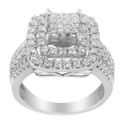 Front-angle view of a white metal ring featuring multiple rows of small round and princess-shaped white gemstones in prong settings forming a layered square design on the top.