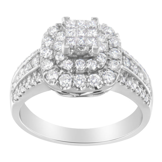 Front angle view of a white metal ring featuring multiple round prong-set white gemstones and a cluster of princess channel-set white gemstones at the center.