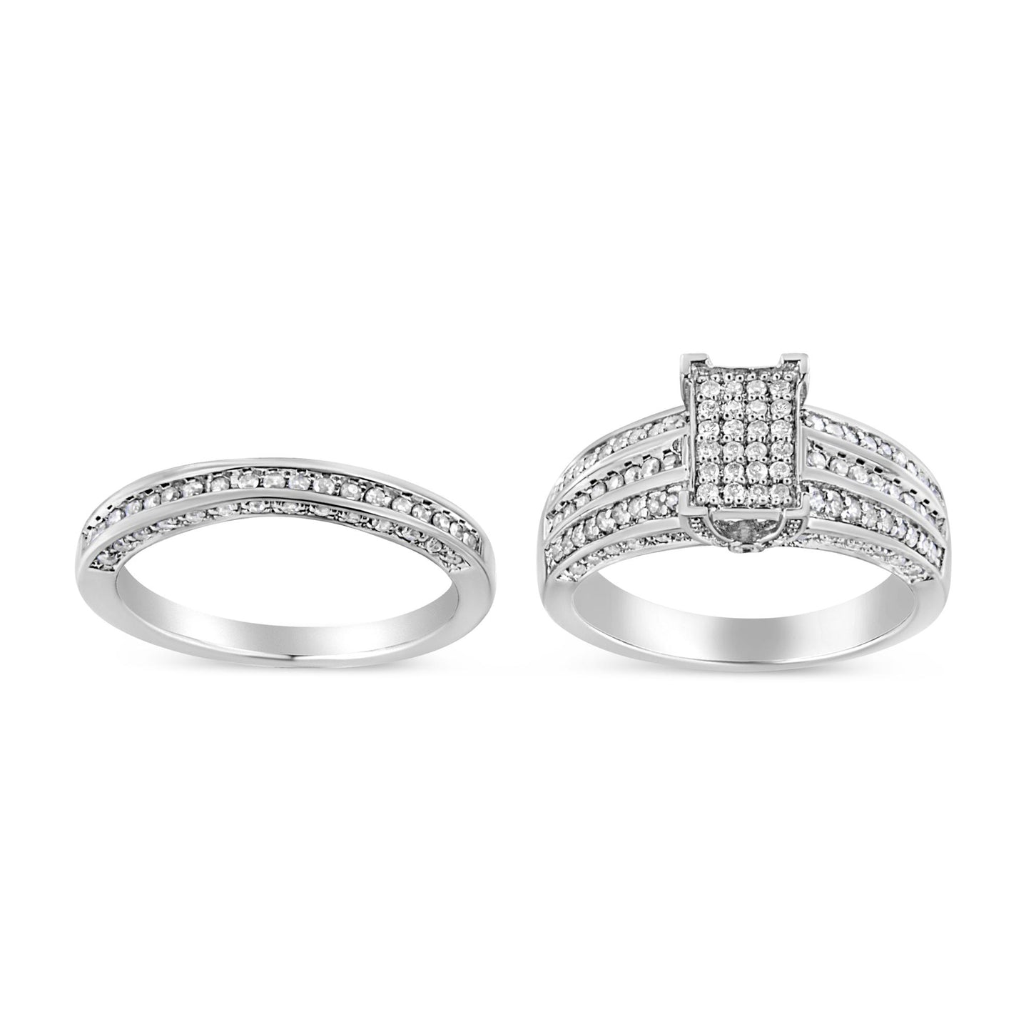 Front-facing view of two white metal rings side by side, both adorned with small round white gemstones; the left ring features channel-set gemstones along the band, while the right ring has a rectangular cluster of prong-set gemstones on top and channel-set gemstones on the band.