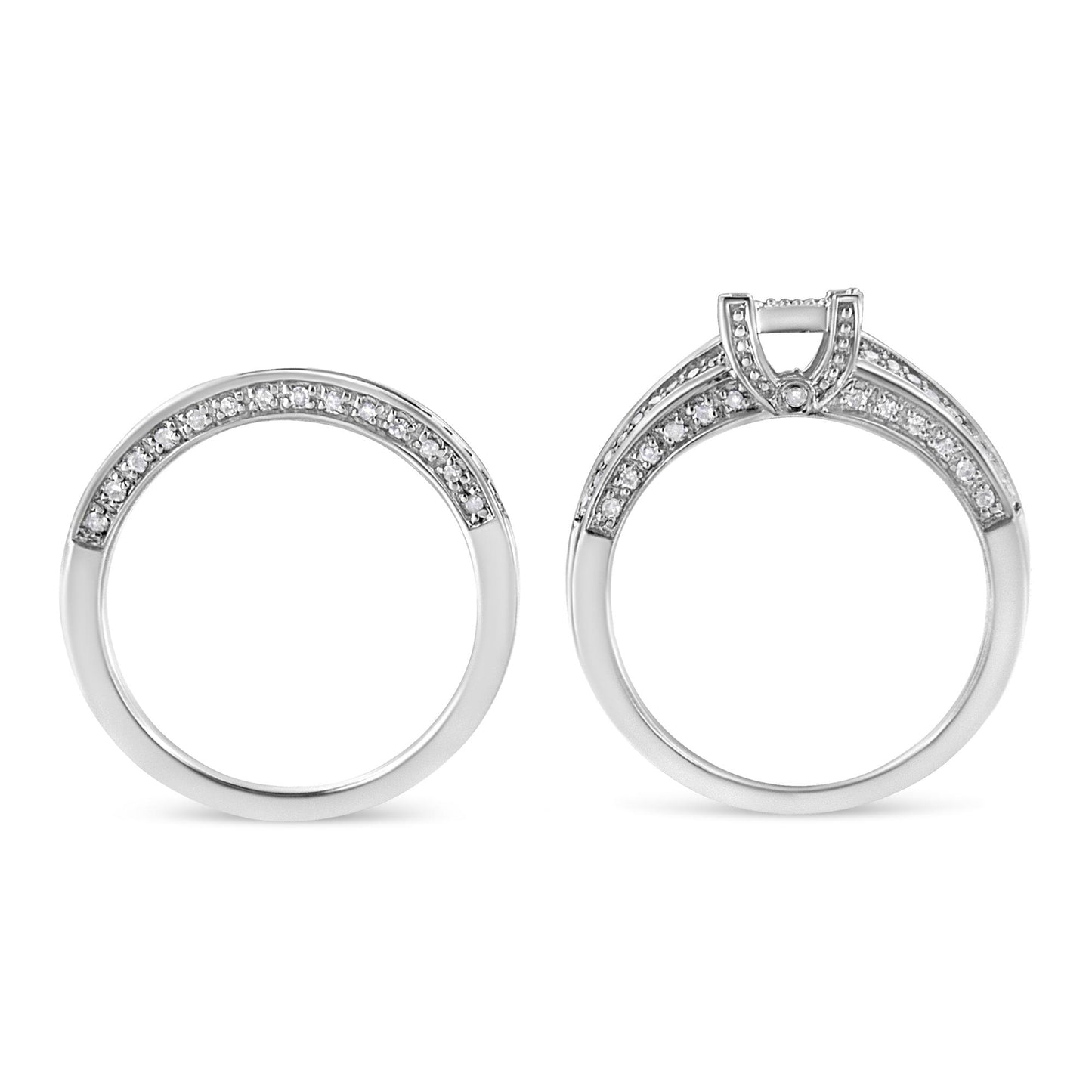 Front and side views of a white metal ring set with round white gemstones in prong and channel settings, shown against a white background.