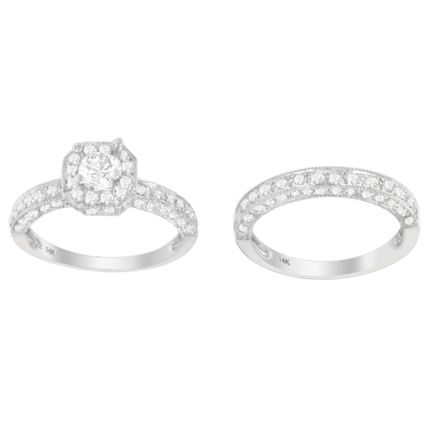 Front view of two white metal rings with round white gemstones in pave setting; one ring has a prominent center gemstone, the other features two rows of smaller gemstones.