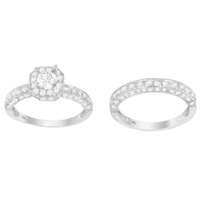 Front view of two white metal rings with round white gemstones in pave setting; one ring has a prominent center gemstone, the other features two rows of smaller gemstones.