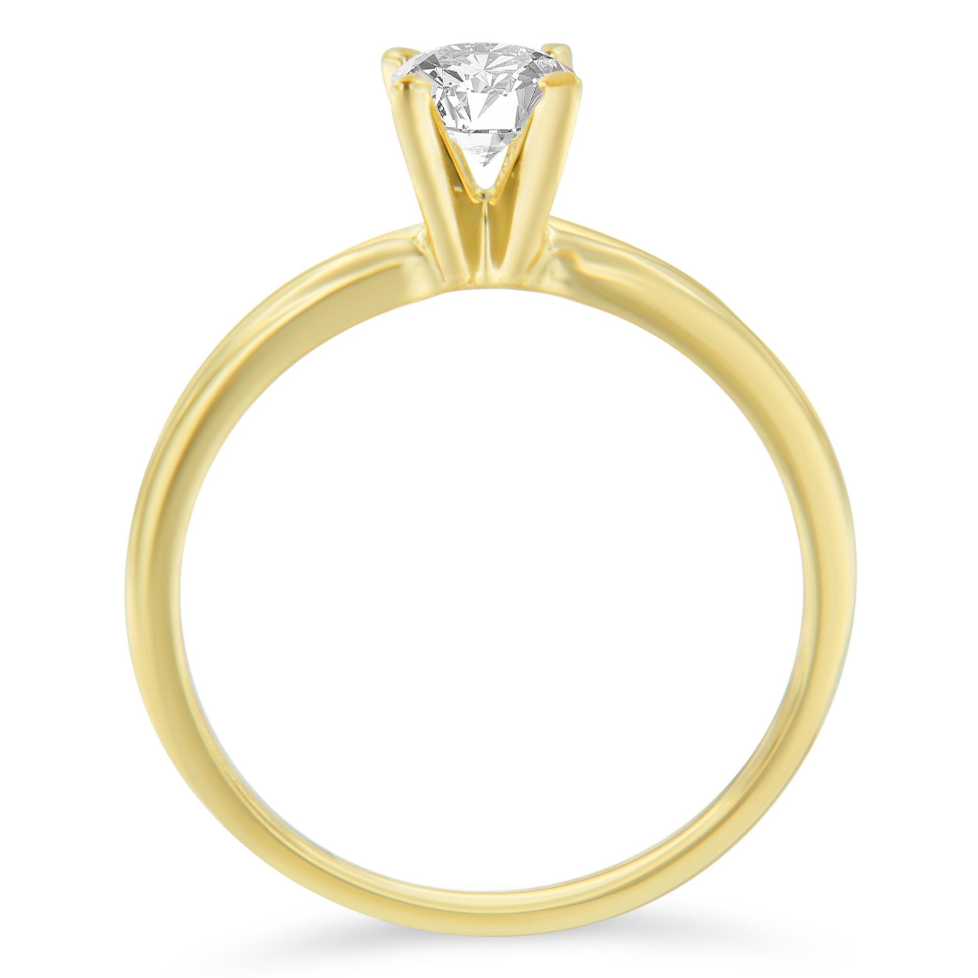 Front-facing view of a yellow metal ring with a single round white gemstone in a prong setting.