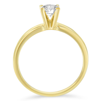 Front-facing view of a yellow metal ring with a single round white gemstone in a prong setting.