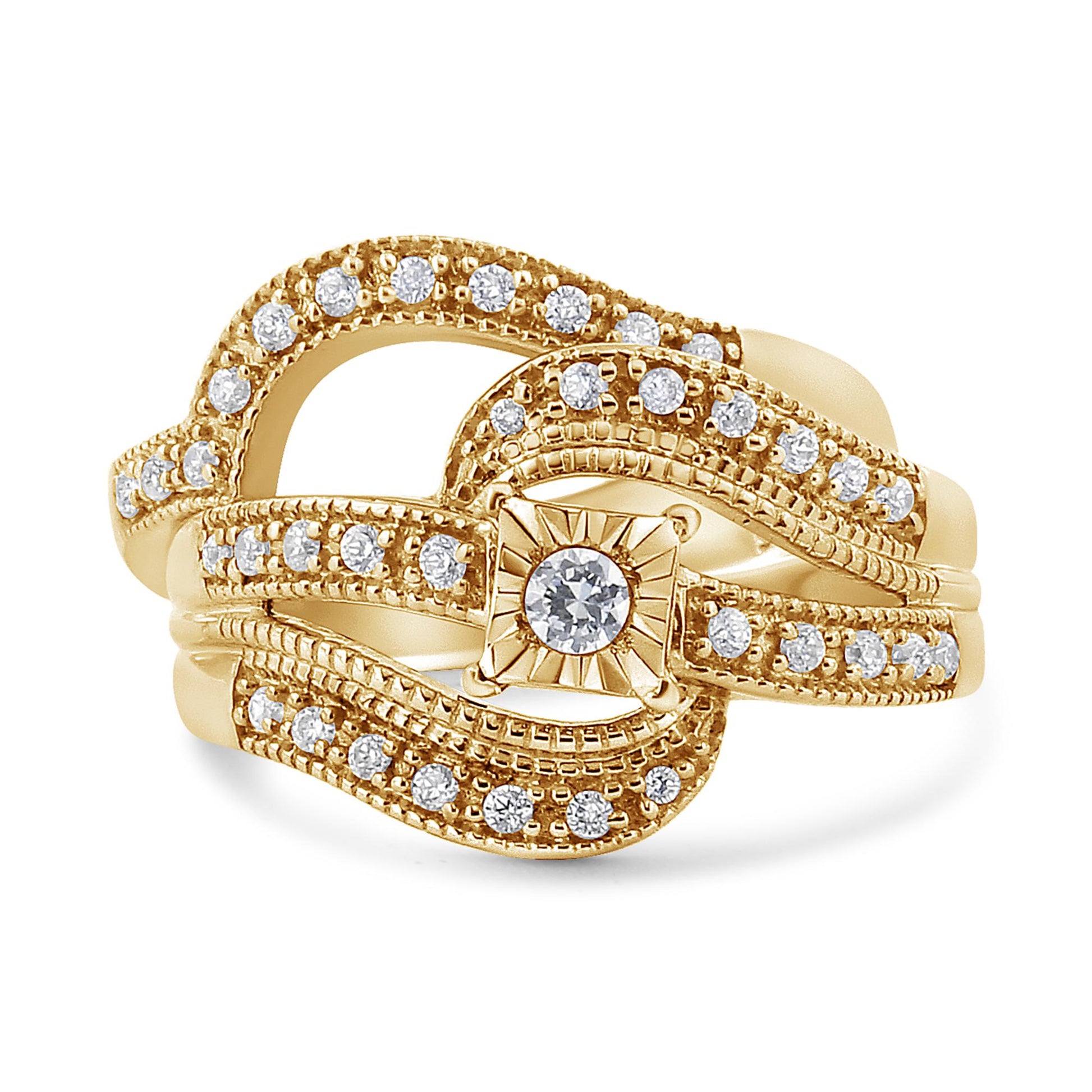 Yellow metal ring with an intricate looping design, adorned with round white gemstones in prong settings, shown at a slight angle.