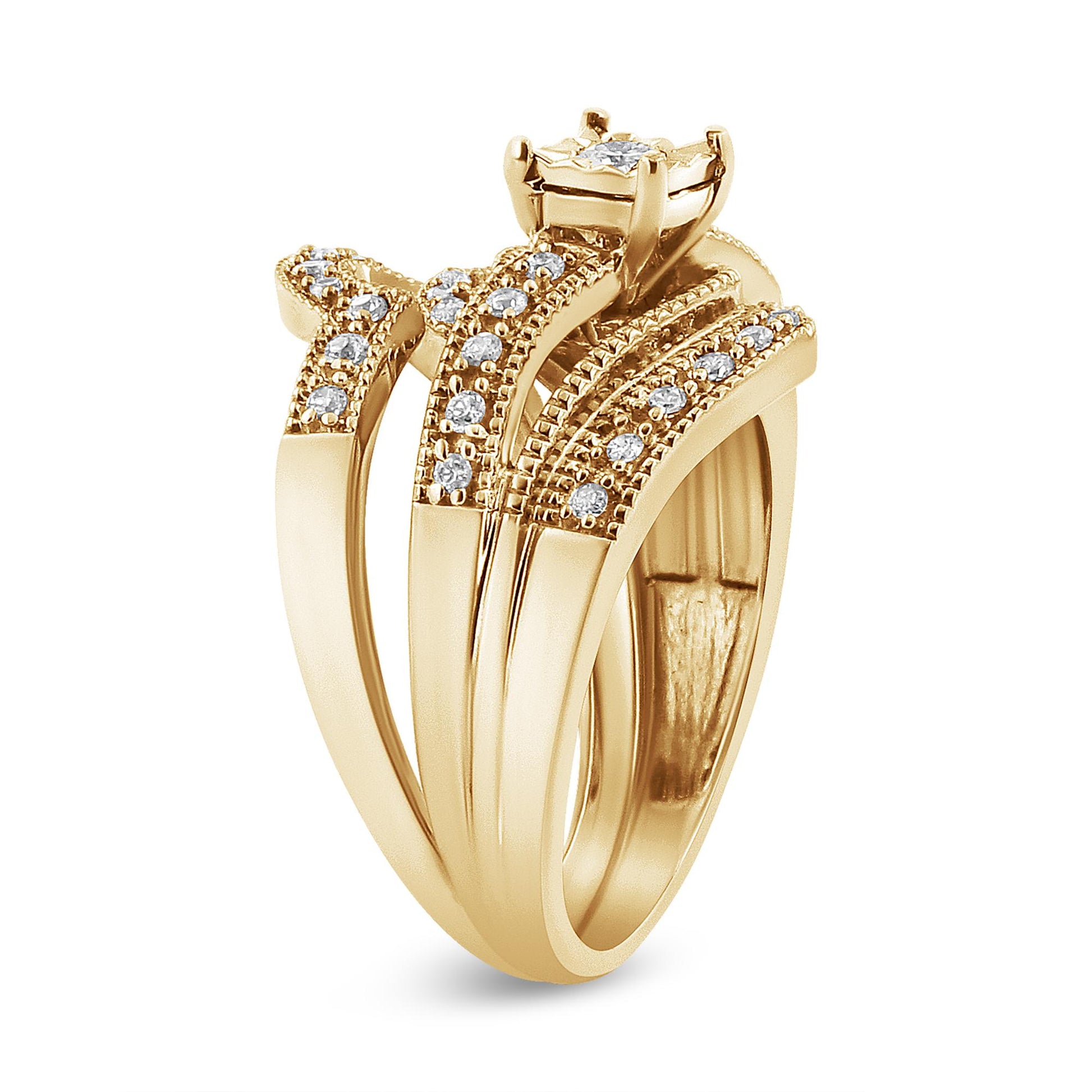 Yellow metal ring with multiple bands featuring round white gemstones in prong settings, shown at a side angle.