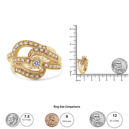 Yellow metal ring with round white gemstones in prong setting, shown from a front angle; additional image shows the ring upright next to a ruler and a coin for size reference.