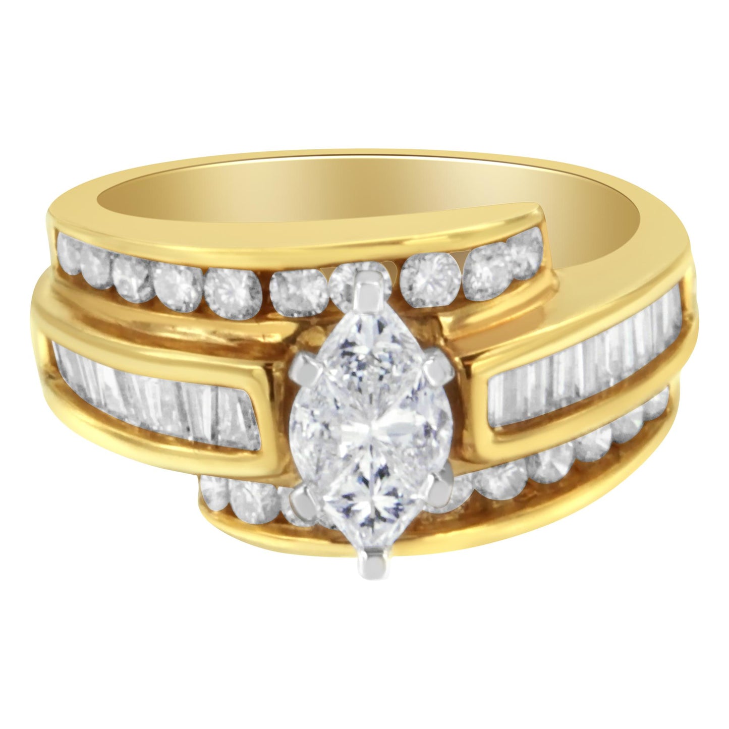 Close-up front angle of a yellow and white metal ring featuring a prong-set white marquise-shaped gemstone at the center, flanked by channel-set white baguette-shaped gemstones and rows of channel-set round white gemstones along the band.