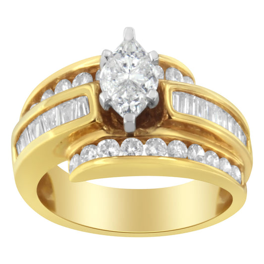 Front angle view of a yellow and white metal ring featuring a prong-set pie-shaped white gemstone center, flanked by channel-set baguette and round white gemstones.