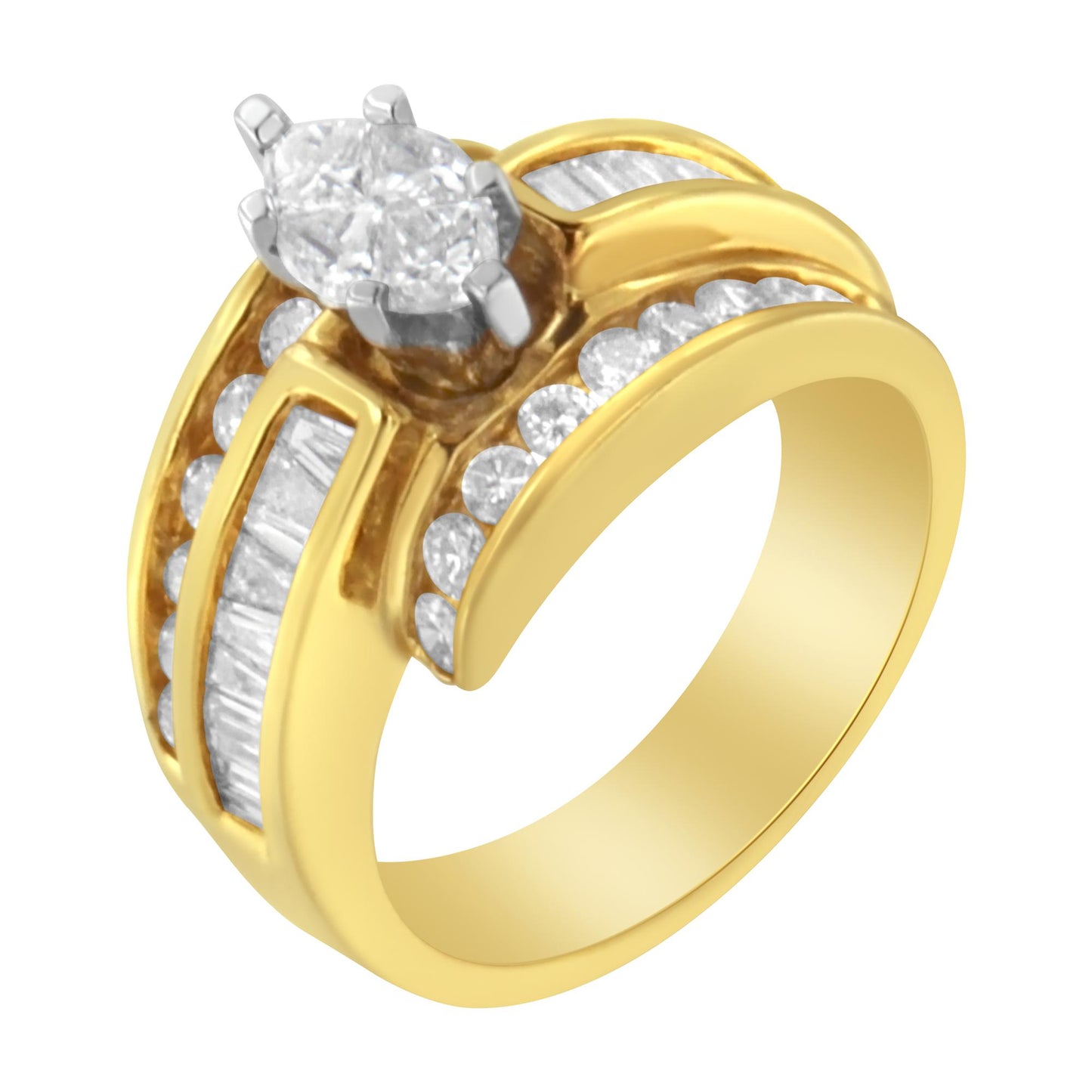 Yellow and white metal ring with a prong-set pie-shaped white gemstone center, and channel-set round and baguette-shaped white gemstones along the band, shown at an angled top-down view.