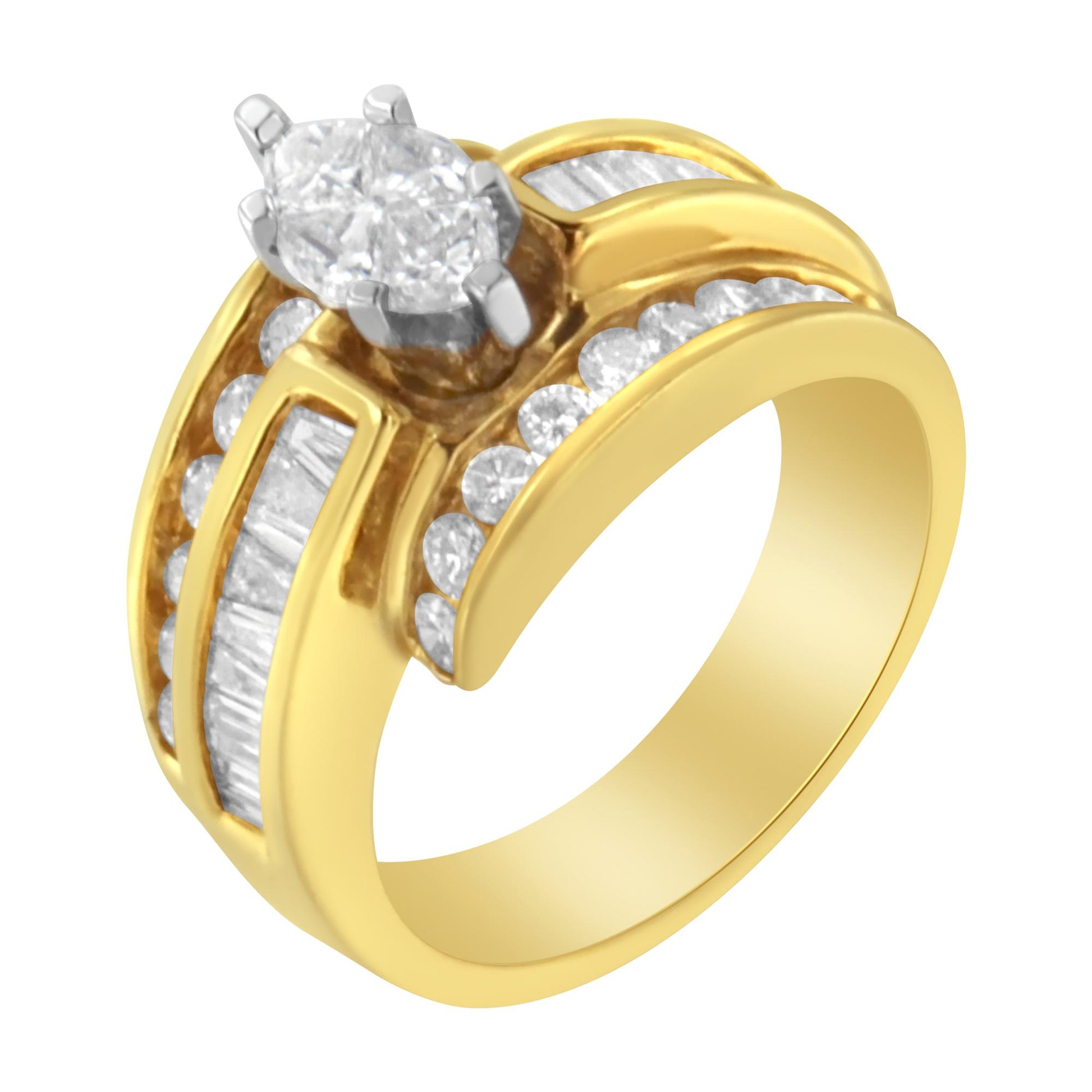Yellow and white metal ring with a prong-set pie-shaped white gemstone center, and channel-set round and baguette-shaped white gemstones along the band, shown at an angled top-down view.