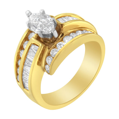 Yellow and white metal ring with a prong-set pie-shaped white gemstone center, and channel-set round and baguette-shaped white gemstones along the band, shown at an angled top-down view.